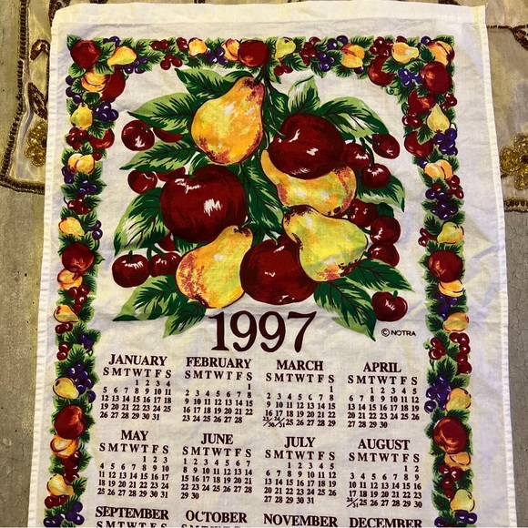 1997 Linen Hanging Calendar Kitchen Tea Towel Vintage, Flowers & Fruit - NOTRA - Picture 2 of 8
